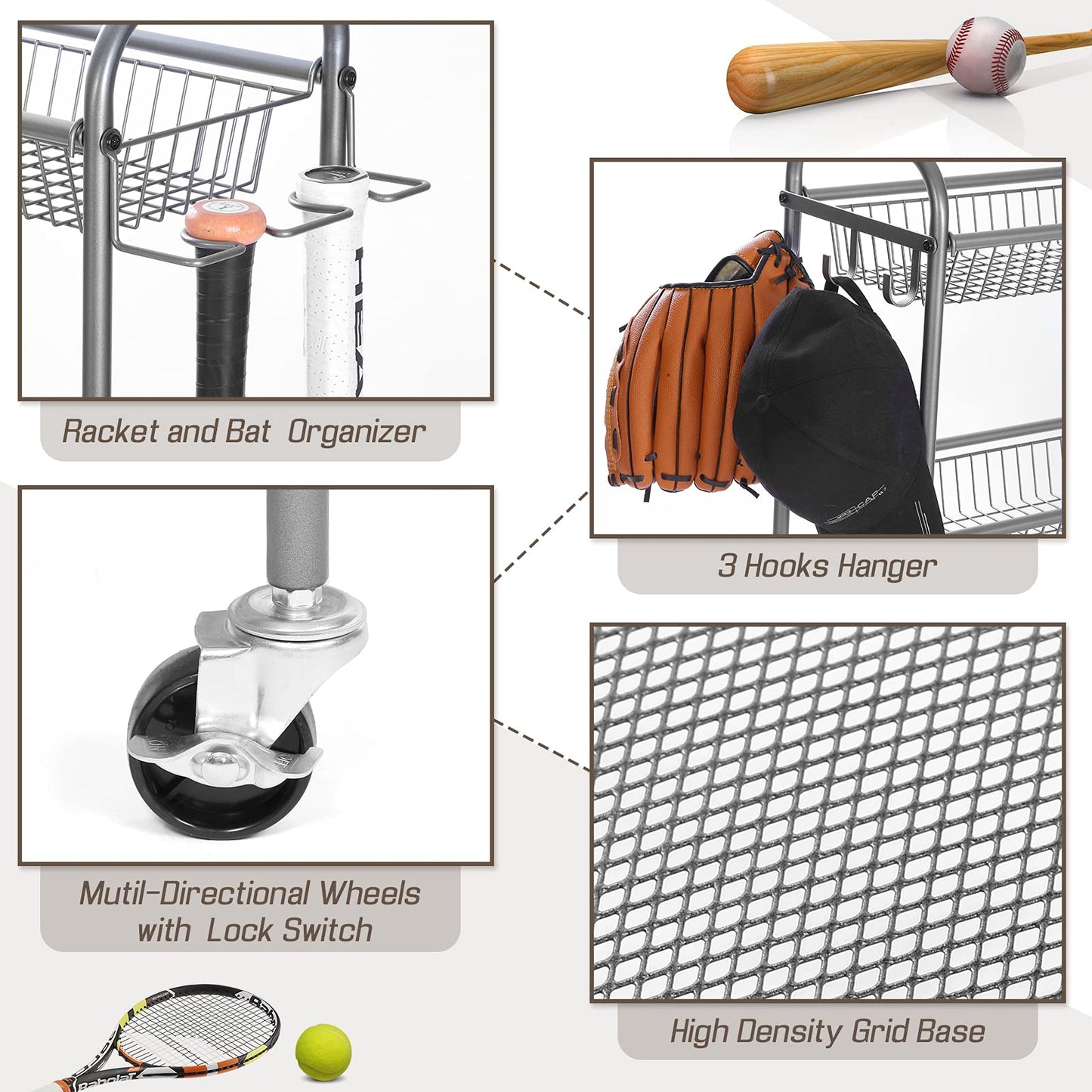 WEYIMILA Ball Organizer for Garage, Steel Sport Equipment Organizer with Baseball Bat Holder and Hooks, Easy Assembly Storage for Balls, Kids' Toys, and Workout Gear in Basement, Home Gym, Outdoor