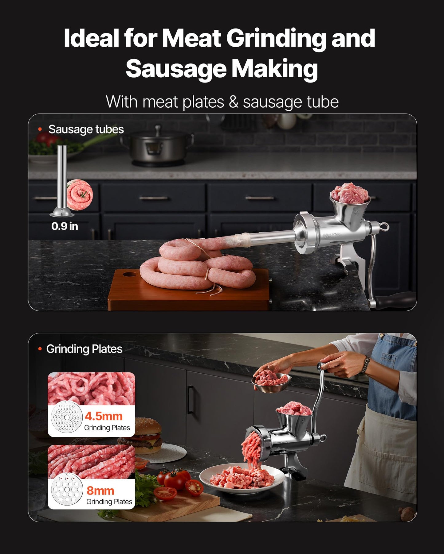 VEVOR Manual Meat Grinder, 304 Stainless Steel Hand Crank Meat Mincer with Steel Table Clamp, Sausage Stuffer with 2 Cutting Plates & Sausage Tube, Food Grinder for Beef Chili Pork Kitchen Tabletop