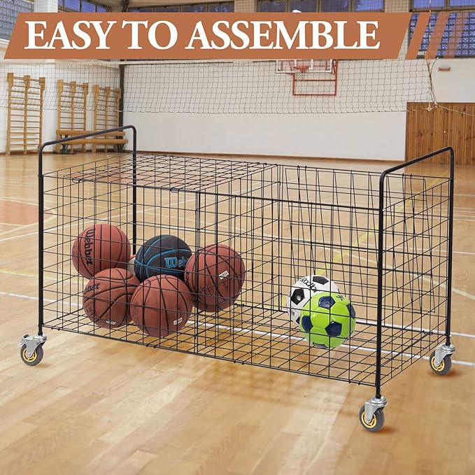 MyGift X-Large Capacity Black Metal Sports Ball and Gym Equipment Storage Rolling Cart with 2 Compartments, Lock Latch and Heavy-Duty Locking Caster Wheels, Garage Ball and Gear Organizer Holder