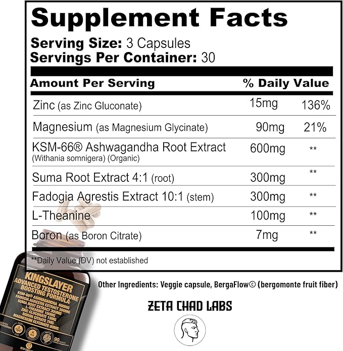 Kingslayer: 7-in-1 Testosterone Booster for Men w/KSM-66, Fadogia, Suma Root, L-Theanine, Zinc, Boron, Magnesium ??Muscle, Energy, Libido & Focus