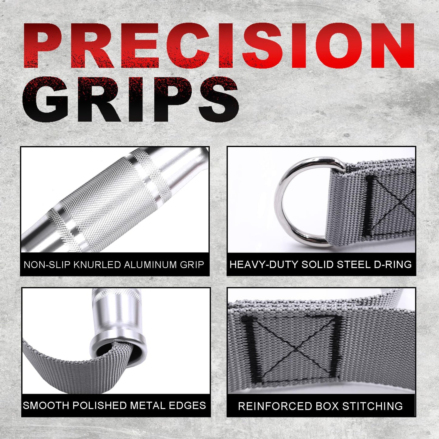 FLEXIKIN Premium Aluminum Alloy Gym Handles with Thickened Strap – Anti-Slip Grid Grip, Heavy-Duty Welded D-Ring for Cable Machine, Pulley System, and Strength Training Workouts (Gray)