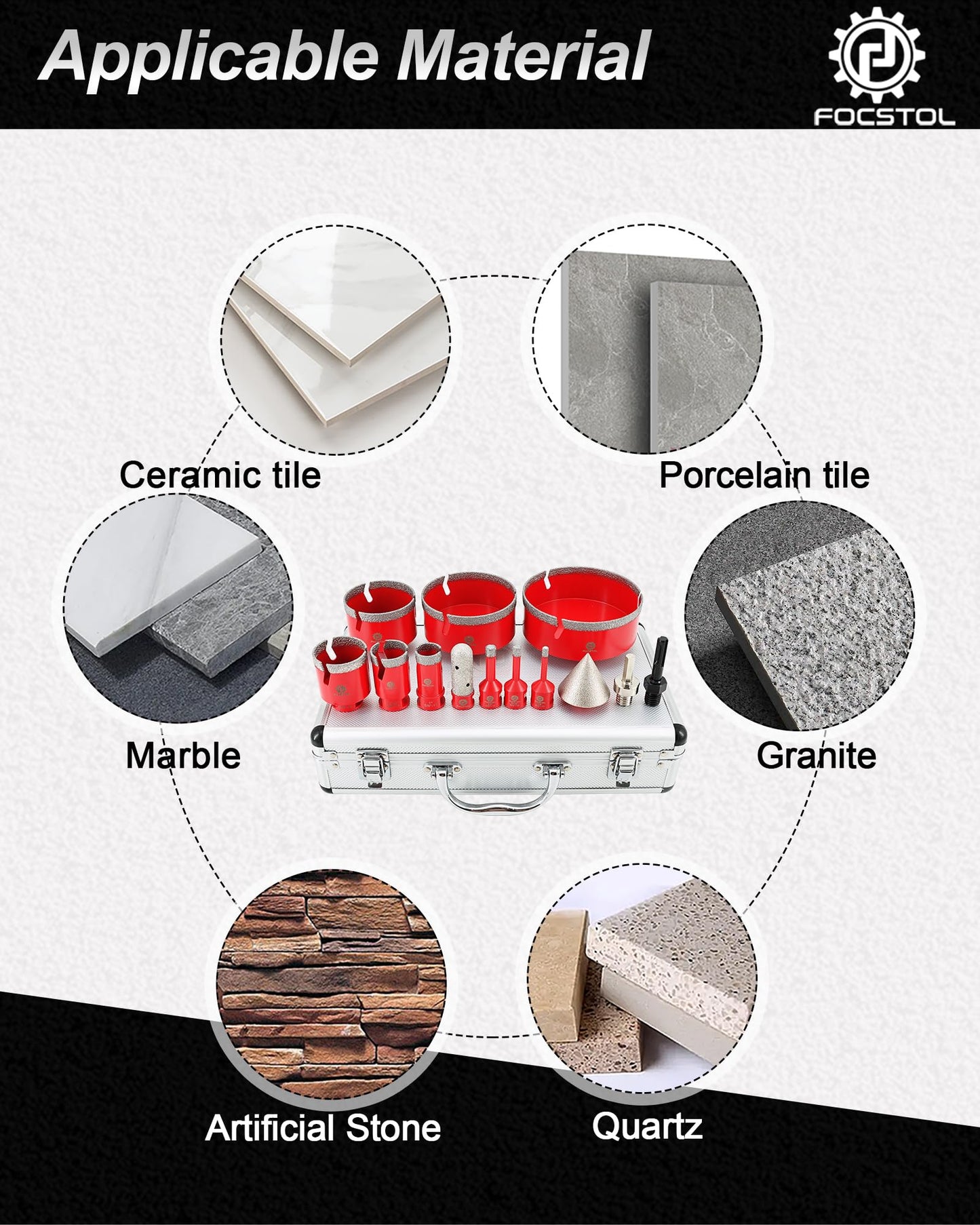 FOCSTOL Diamond Tile Hole Saw Kit 14pcs - (6/8/10/25/35/50/75/100/125mm+20mm Milling Bit+50mm Chamfer Bit+Hex+SDS+115mm Cutting Disc) Diamond Core Drill Bit Set for Porcelain, Tile, Ceramic, Marble