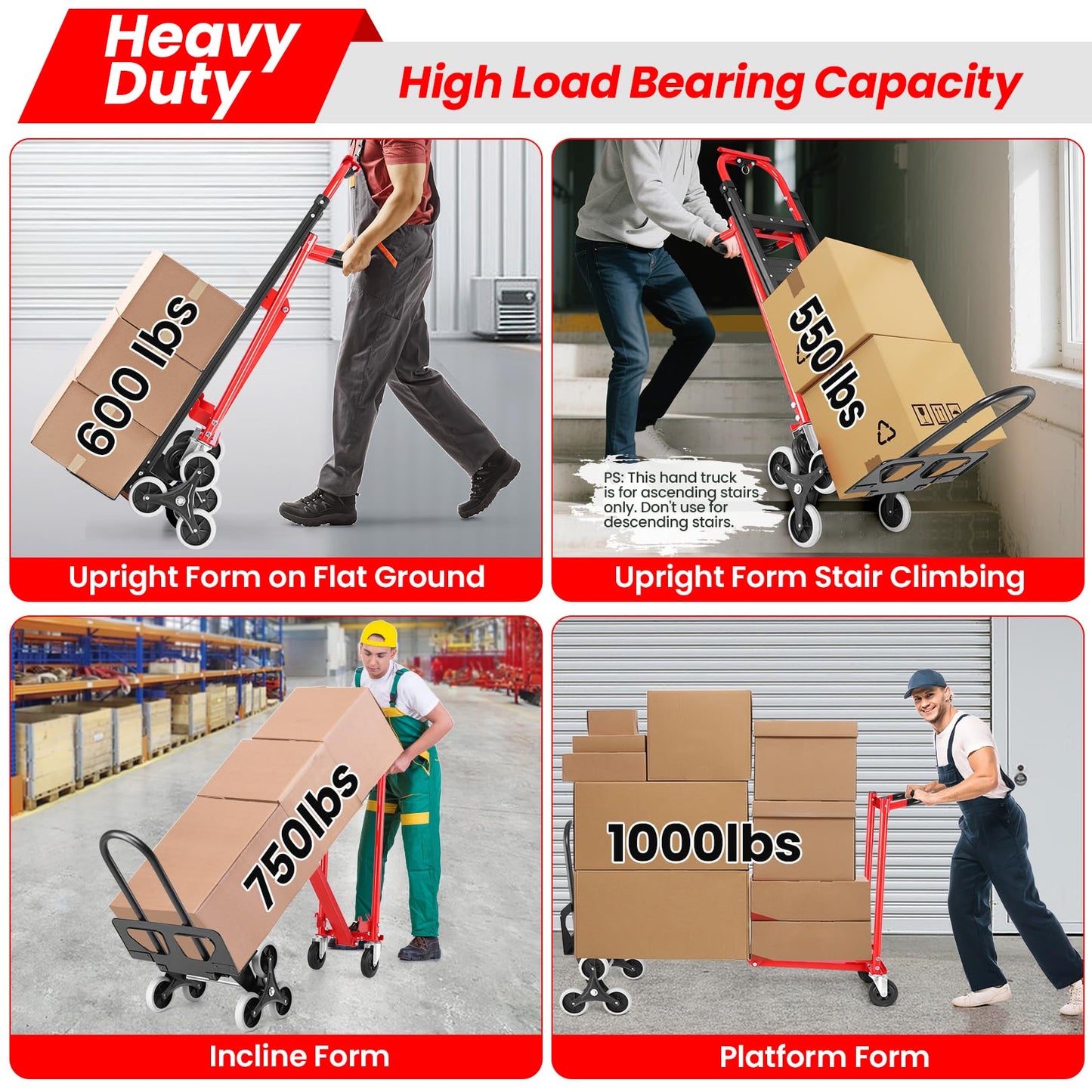 Heavy Duty 1000LBS Stair Climbing Dolly, 3 in 1 Convertible Hand Truck, Folding Hand Truck Dolly Cart with Solid Wheels for Moving/Travel/Office (Red)