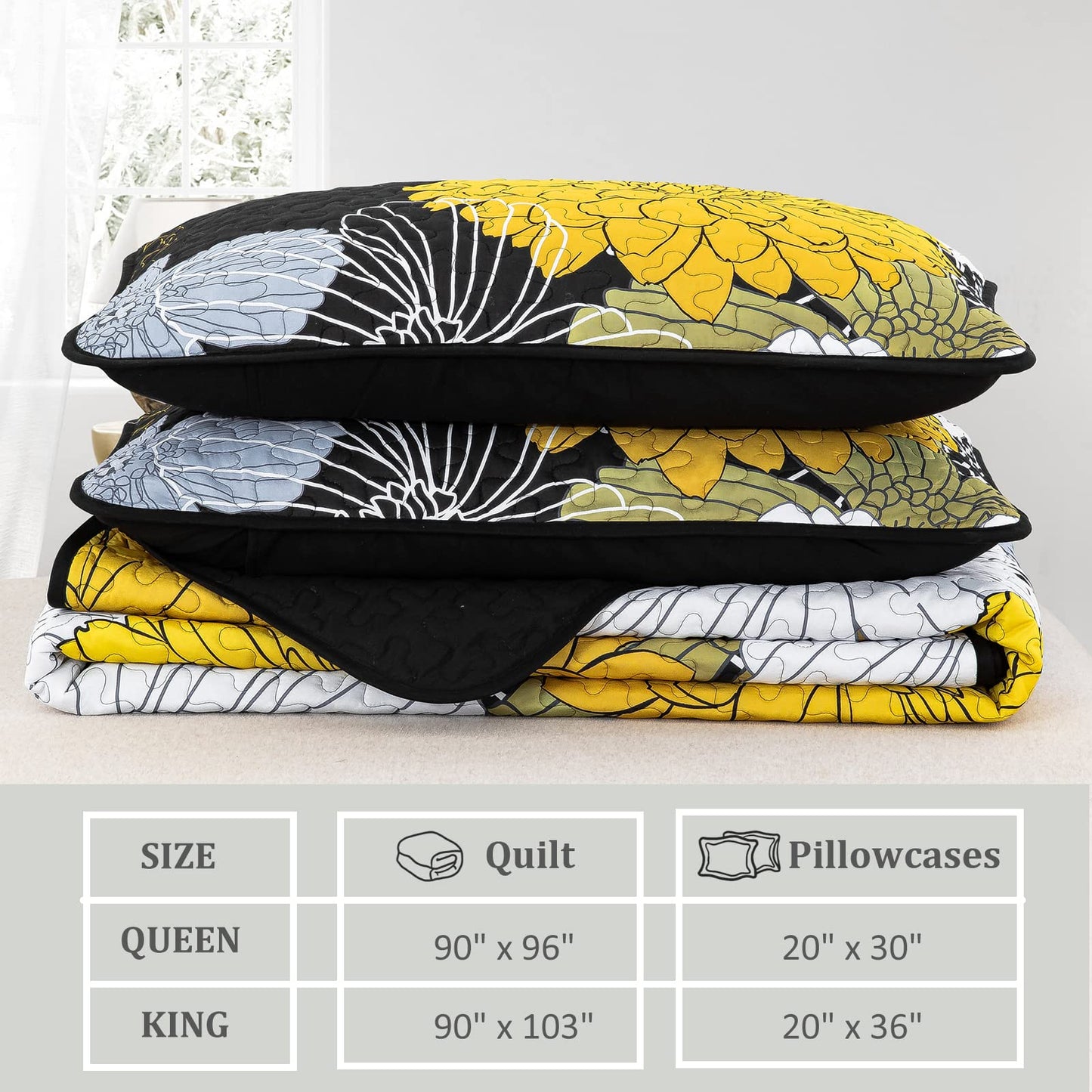 Yellow Floral Quilts California King Size Coverlet Set - 3 Pieces Lightweight Black Cal King Bedspread with 2 Pillowcases - All Season Soft Microfiber Reversible Bedding Quilt Set (Yellow/Black)