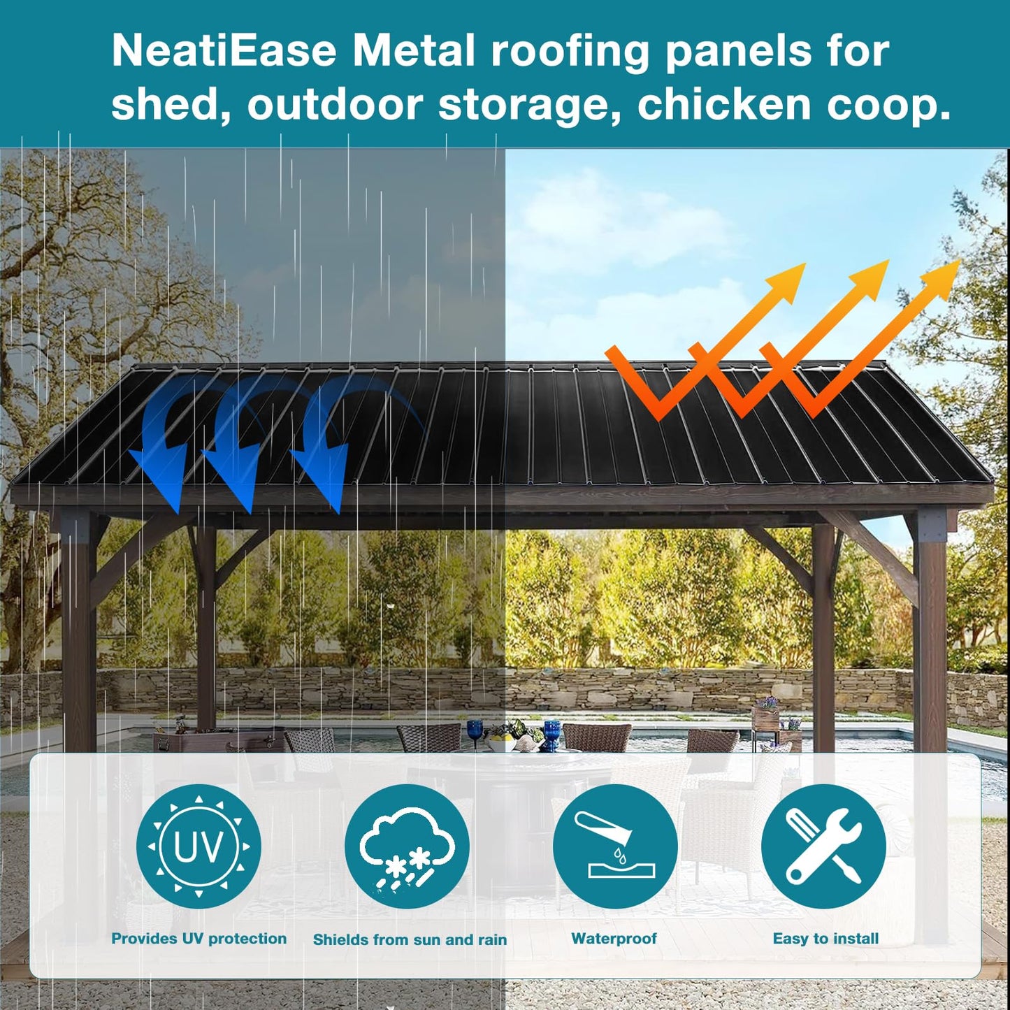 NeatiEase 10 Pcs Metal Roofing Panels, 8.1 Feet Corrugated Galvanized Roofing Panels Metal Siding Panels with Steel Screws for Pergola, Gazebo, Shed, Outdoor Storage, Chicken Coop,Garages (Black)