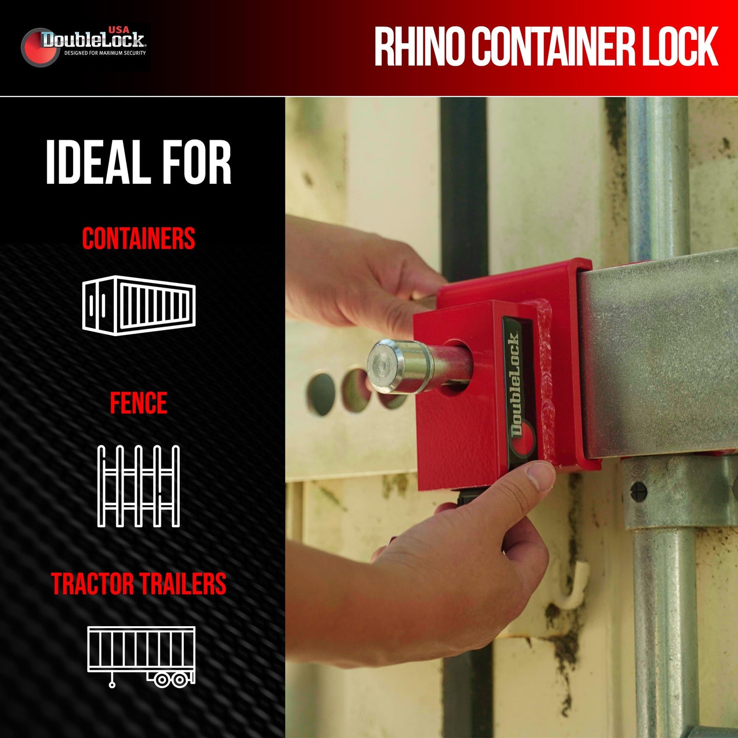 DoubleLock Rhino Ultra-Duty Container Security –(Expandable) High-Visibility Red Anti-Theft Device for Trailers, Storage Units, and Trailers. Cargo, Freight, Fence, Storage Lock.