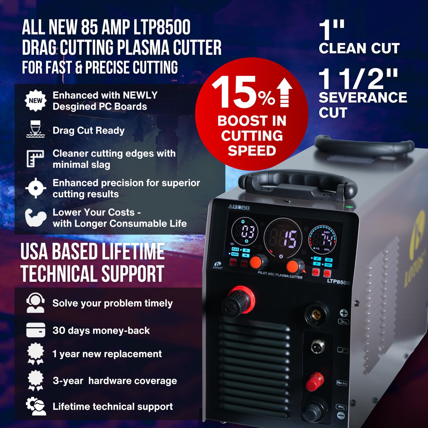LOTOS Apex LTP8500 | 85A HF Pilot Arc Plasma Cutter, Drag-Cut Enabled, 1" Clean (1.5" Sever), 220V Single-Phase, LED Controls & Front Regulator, Portable Air Plasma Cutter for Fab, Auto, HVAC