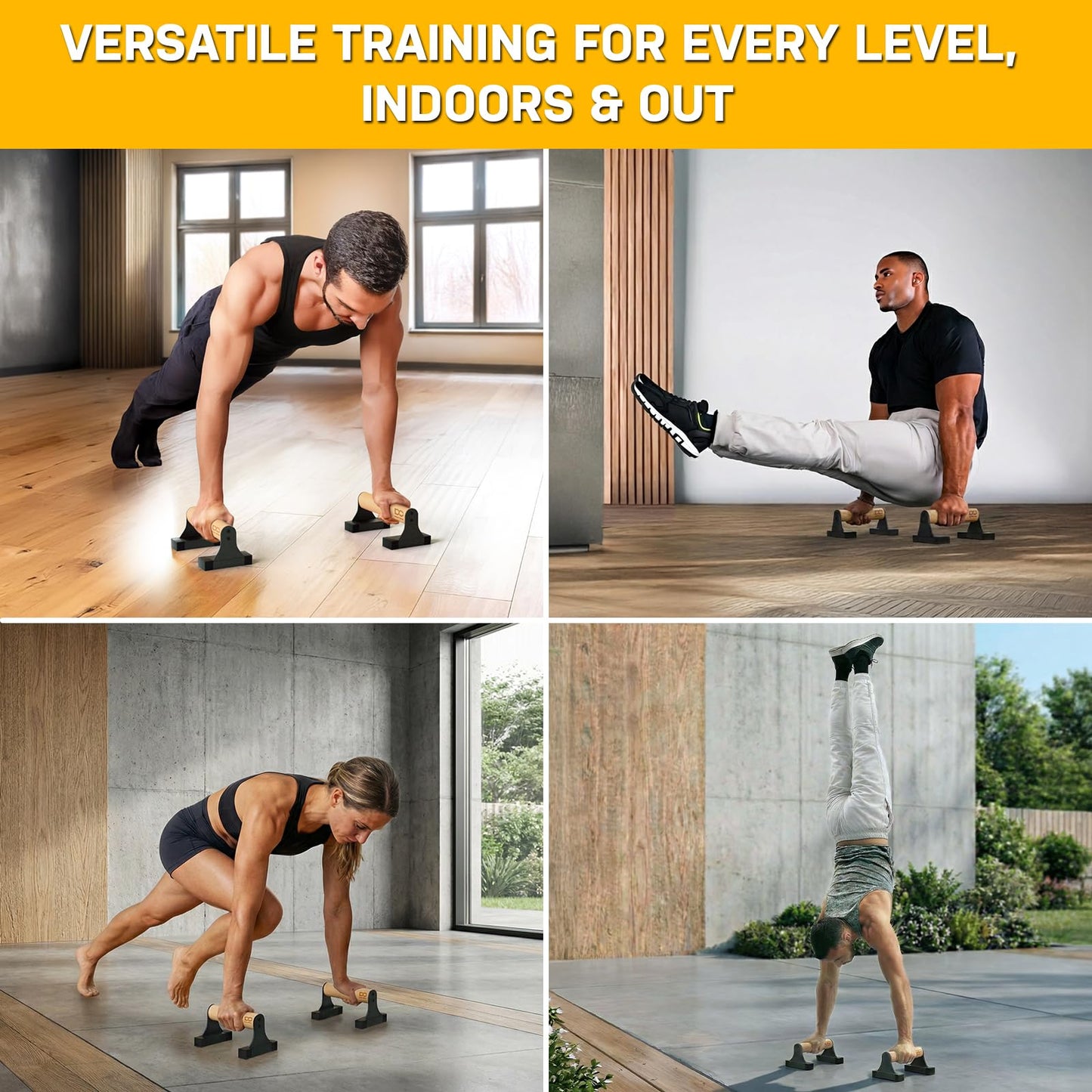Double Circle Parallettes Push Up Bar with Ergonomic Wooden Handles - Calisthenics Equipment - Non-slip Parallel Bars for Strength Training and Calisthenics - Pushup Handles Parallettes Bars (9 IN)