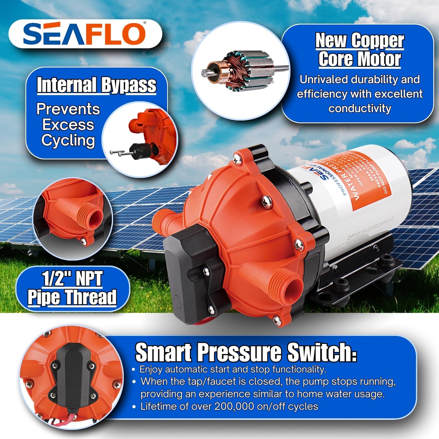 SEAFLO 55-Series 24V On-Demand Diaphragm Pump - 5.5 GPM, 60 PSI, Water Pump, Heavy Duty, Pressure Switch, Self Priming, Quiet, High Flow, RV Marine Off Grid Freshwater System, 4-Year Warranty