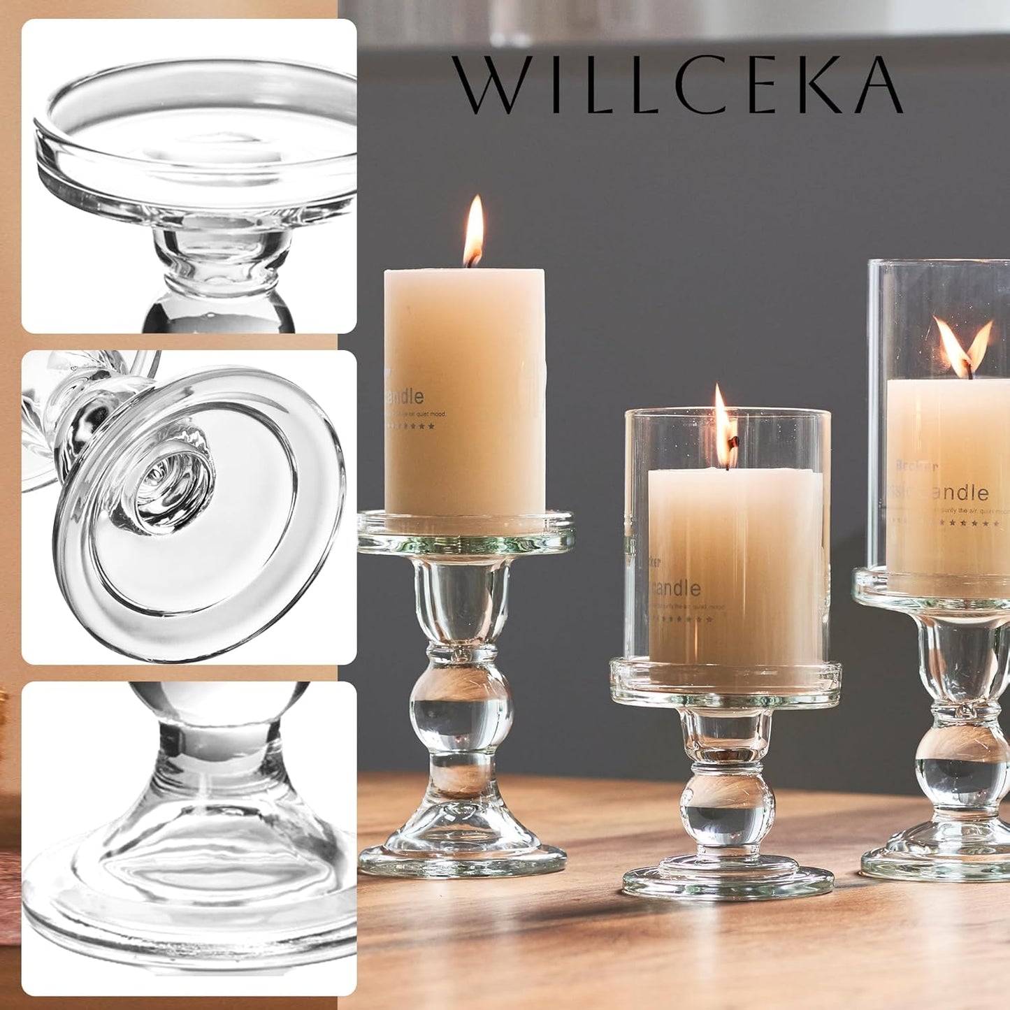 Skiennix Clear Candle Holder Set - 3 Pcs Glass Pillar Holders for Taper Candles | Elegant Design