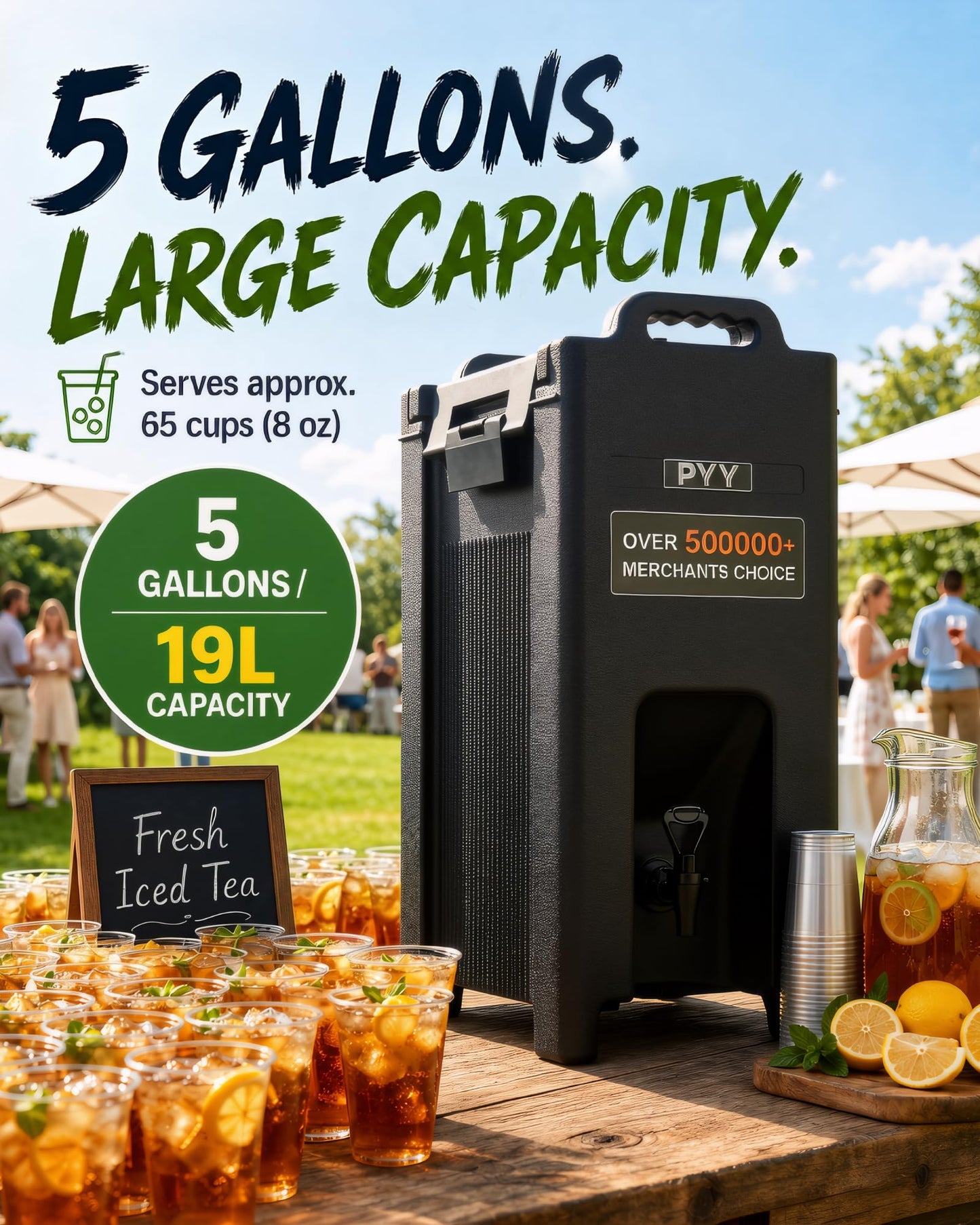 PYY Insulated Beverage Dispenser 5 Gallon - Hot and Cold Drink Container with Handles, Thermal Drink Dispenser Cooler Server carrier For Commercial Catering Black