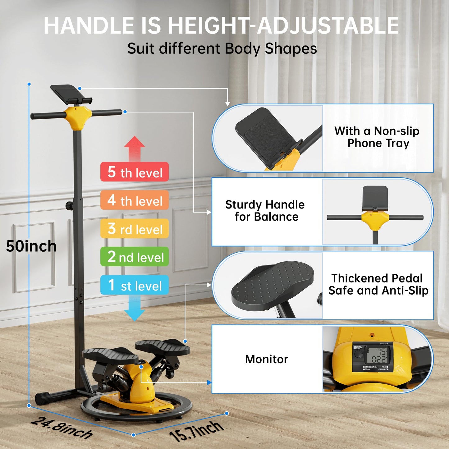 seanleecore Twist Stepper with Handlebar, High-Resistance Stair Stepper Machine for Home Workout, Step + Twist Cardio Exercise Equipment, 300 lb Capacity Quiet Compact Rock Stepper with LCD Monitor