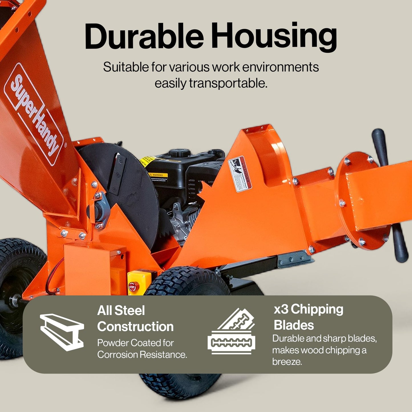 SuperHandy Towable Wood Chipper – 4 in. Chipping Capacity, 15HP Gas Engine, 13 in. Wheels, Electric Start, Trailer-Ready with 2 in. Coupler
