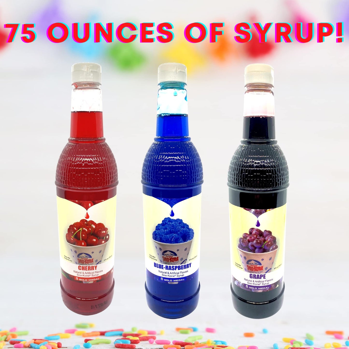 Concession Essentials 115 Piece Snow Cone/Shaved Ice Kit with 75 Ounces of Syrup, Cups, Neon Straws and Bonus Candy Spoons