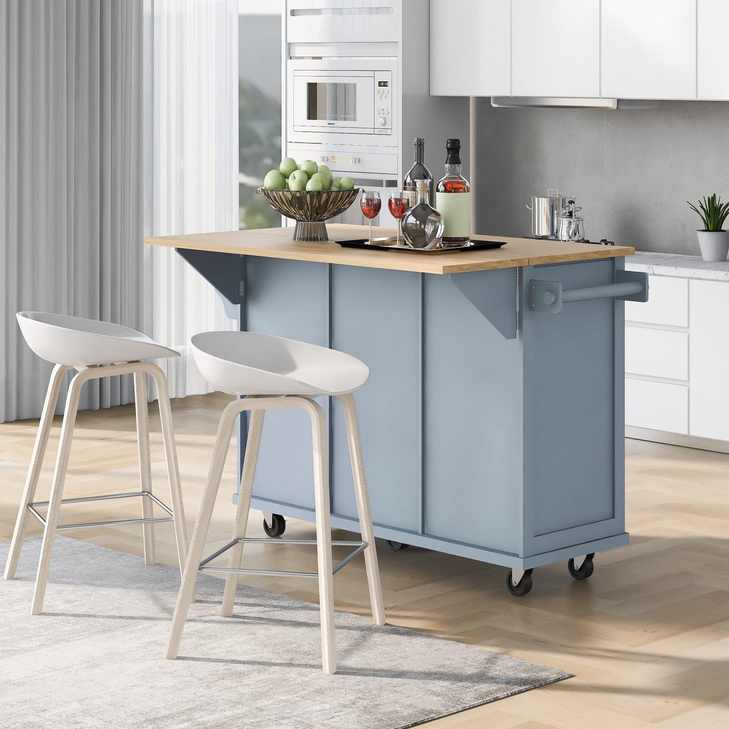Yayzy Rolling Kitchen Island with Drop Leaf, Cabinet Door Storage Racks & 3 Drawers, Mobile Kitchen Cart with Rubberwood Top & Locking Wheels for Dining Room & Kitchen, 53-Inch, Grey Blue
