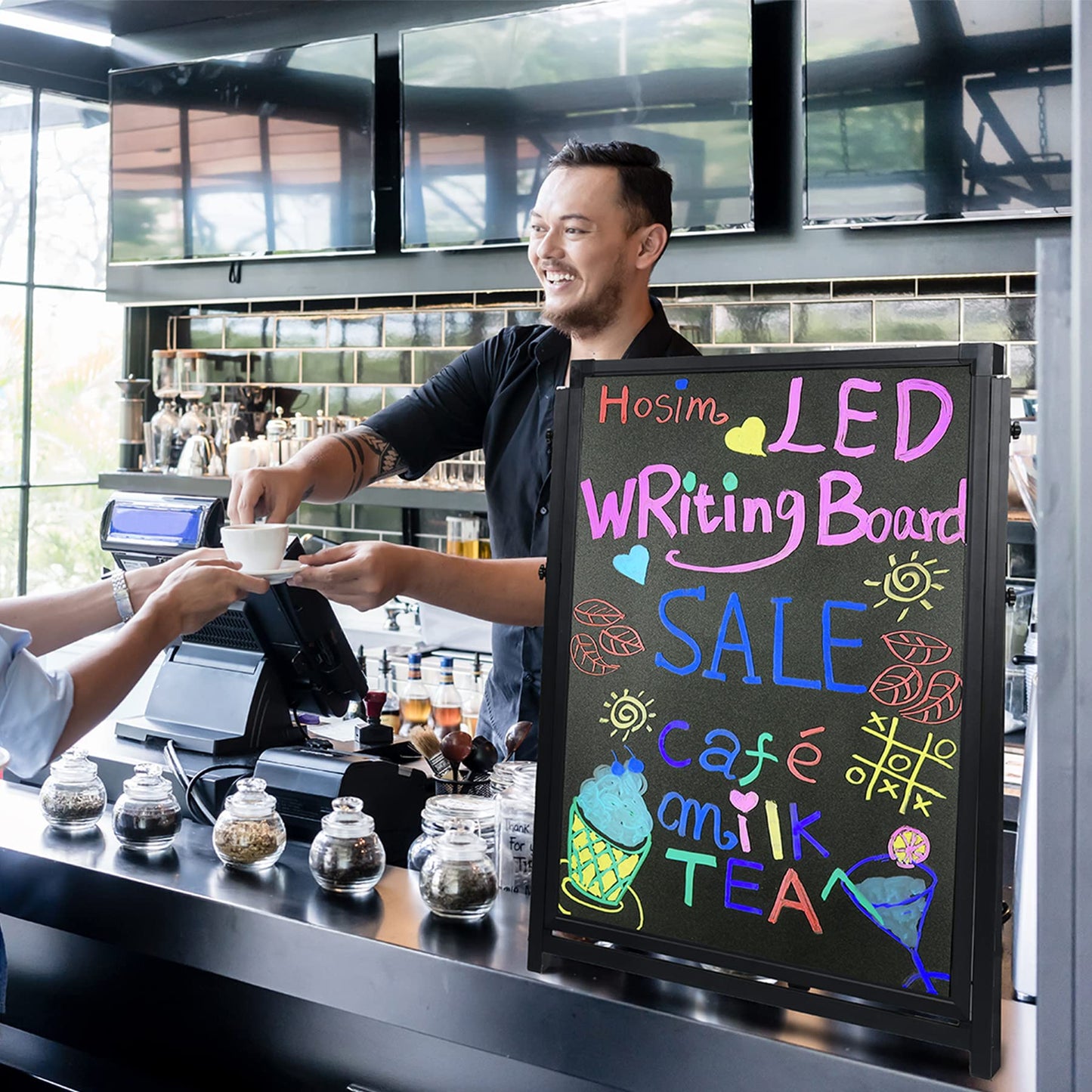 Hosim Standing A-Frame LED Message Writing Board, 32”x 24" Illuminated Erasable Neon Restaurant Menu Sign Board with 8 Colors Markers & 16 Lighting Colors DIY Chalkboard Light Up Sign