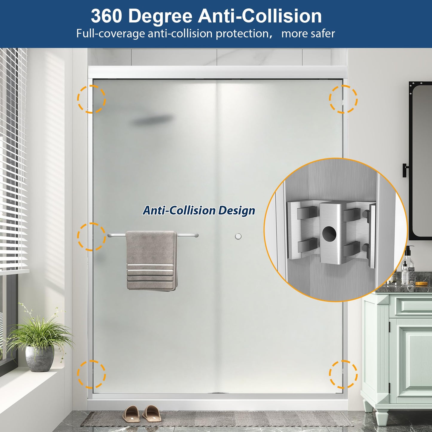 Double Sliding Shower Door 49"-54" W x 72" H with Nano Anti-Explosion Safety Film, 1/4" (6mm) Frosted Ultra-Clear Tempered Glass Semi-Frameless Bypass Shower Glass Doors,Brushed Nickel