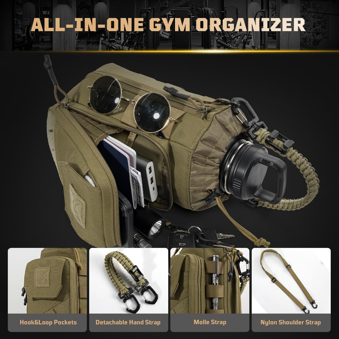 1TG Tactical Magnetic Gym Bag for Men,Magnetic Gym Water Bottle Bag with Phone Pockets&40 64oz Multiple Size, Water Bottle Holder with Adjustable Shoulder, Ideal for Fitness,Sports,Travel(Brown)