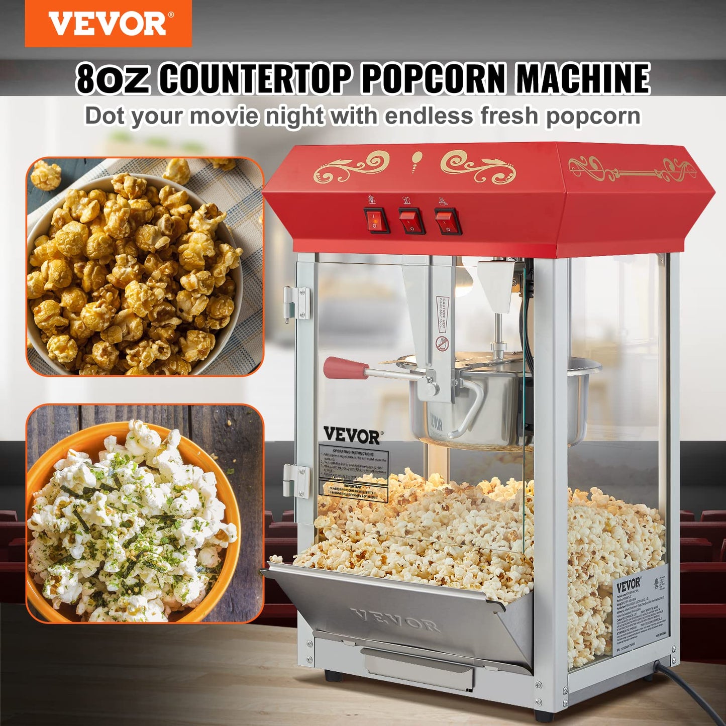 VEVOR Electric Cotton Candy Machine, 1000W Commercial Floss Maker with Stainless Steel Bowl & Commercial Popcorn Machine, 8 Oz Kettle, 850 W Countertop Popcorn Maker for 48 Cups per Batch