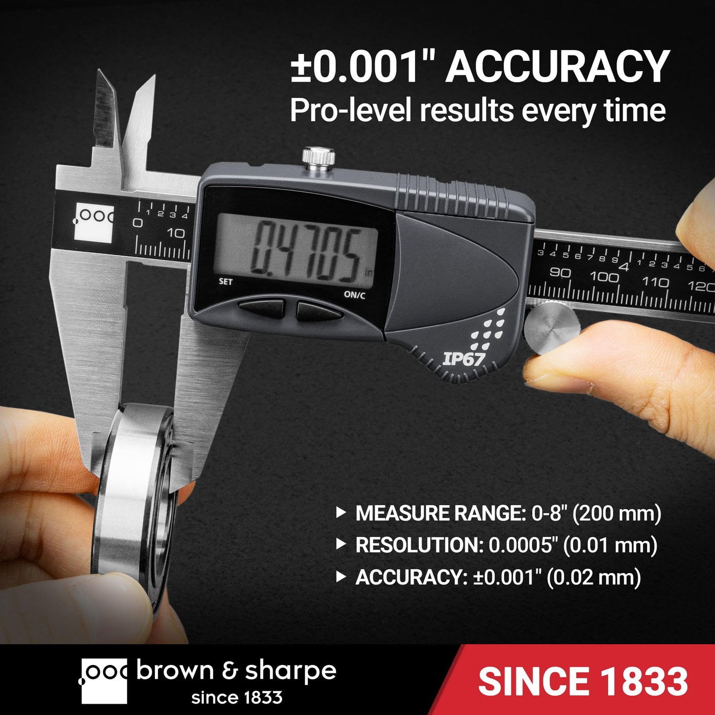 Brown & Sharpe Digital Caliper Measuring Tool, 8" Stainless Steel Vernier Caliper Digital Micrometer with .0005"/0.01mm Resolution, IP67, Electronic Slide Caliper for Laboratory, Factory, DIY