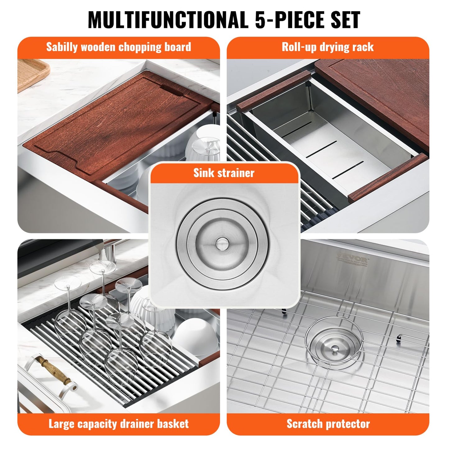VEVOR Farmhouse Kitchen Sink, 304 Stainless Steel Drop-In Sinks, Top Mount Single Bowl Basin with Ledge & Accessories, Household Dishwasher Sinks for Workstation, Prep Kitchen, and Bar Sink, 30 inch