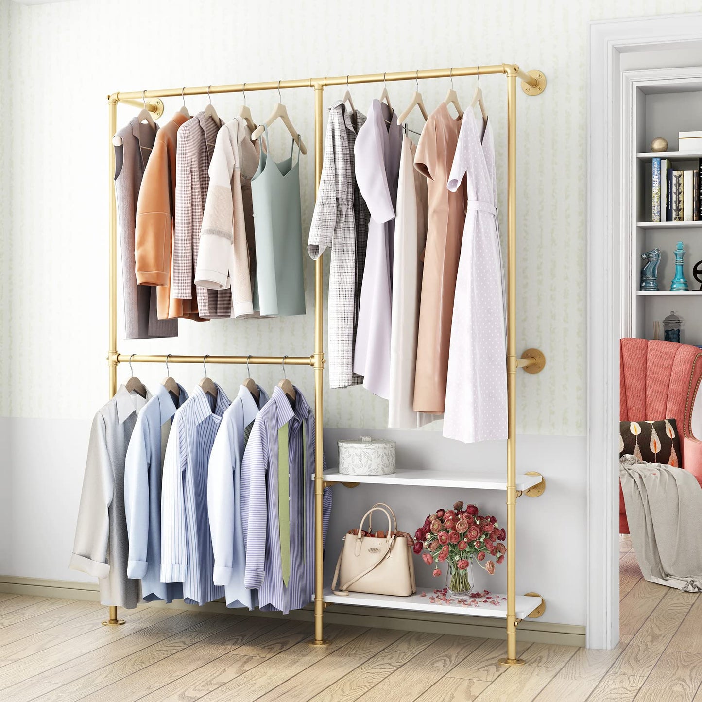 IronJiaZu Gold Pipe Clothes Racks with White Shelves, Industrial Pipe Gold Clothing Rack with Double Hanging Rods, Heavy Duty Wall Mounted Clothing Rack Rod for Closet Storage, Bedroom