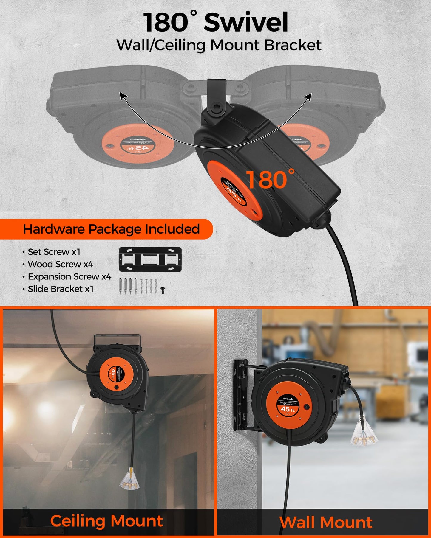 WILAWELS 45 FT 12AWG/3C SJTOW Retractable Extension Cord Reel and 18W 2000LM 25FT LED Work Light Bundle, for Garage, Workshop, Car Repair Scene B45CR06- Y04WL06