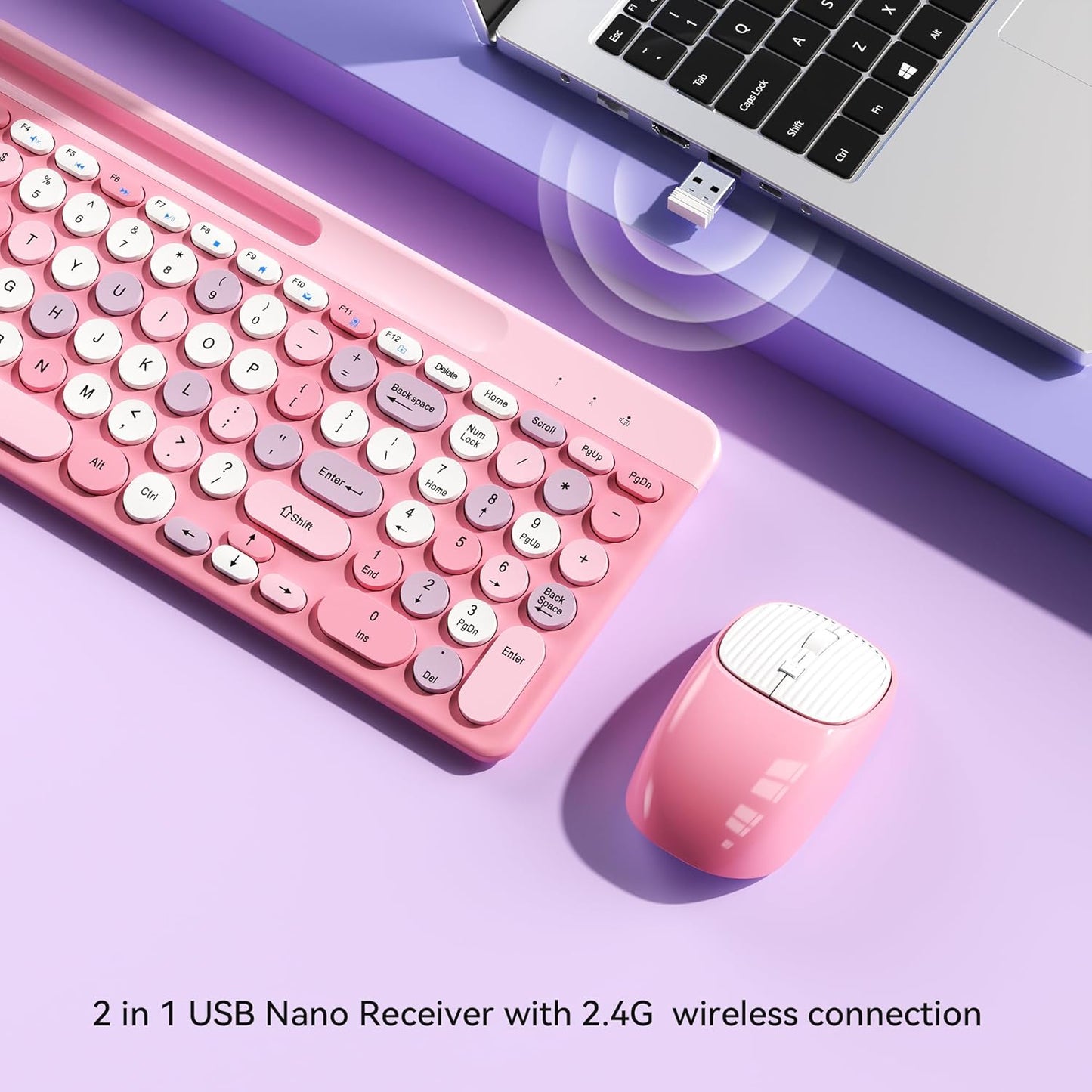 XISOGUU 2.4GHz Retro Wireless Keyboard with Round Keycaps, Full-Size USB Cute Wireless Keyboard Mouse for Computer