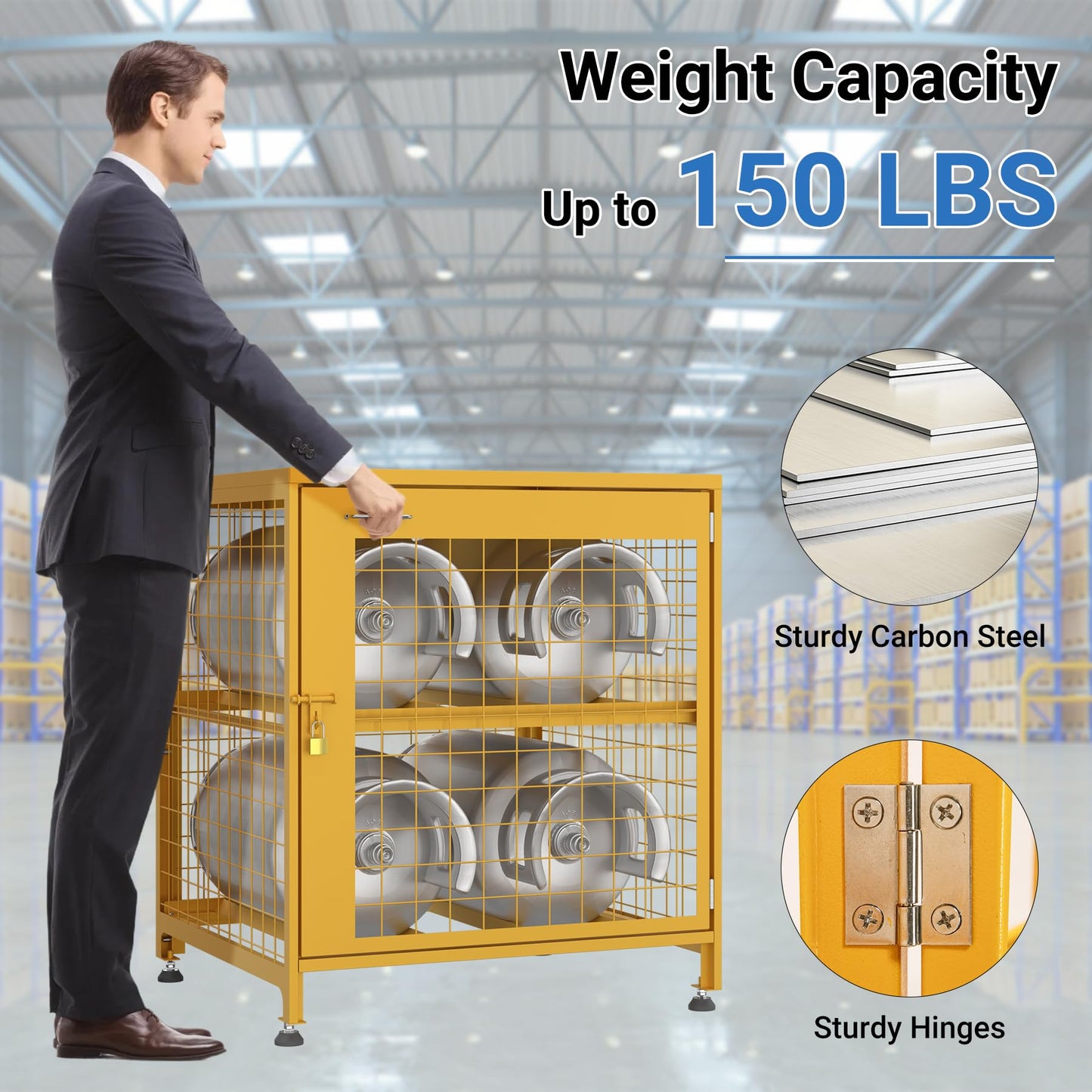 Eastrexon Upgraded Propane Tank Storage Box for 4 Cylinder, Heavy-Duty Horizontal Cylinder Storage Cabinet, 150LB Load Capacity, Powder Coated w/Lock & Keys, 30.9”L x 29.7”W x 36.8”H, Yellow