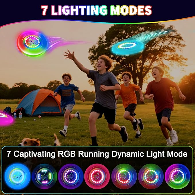 Pro Glow in the Dark Flying Disc for Kids Adults, 7 Lighting Smart Modes Flying Ring Toy for Outdoor Game, Camping Essentials for Kids/Teens/Boy/Girl, Safe, Waterproof, 175g, Lawn, Yard, Beach Toy