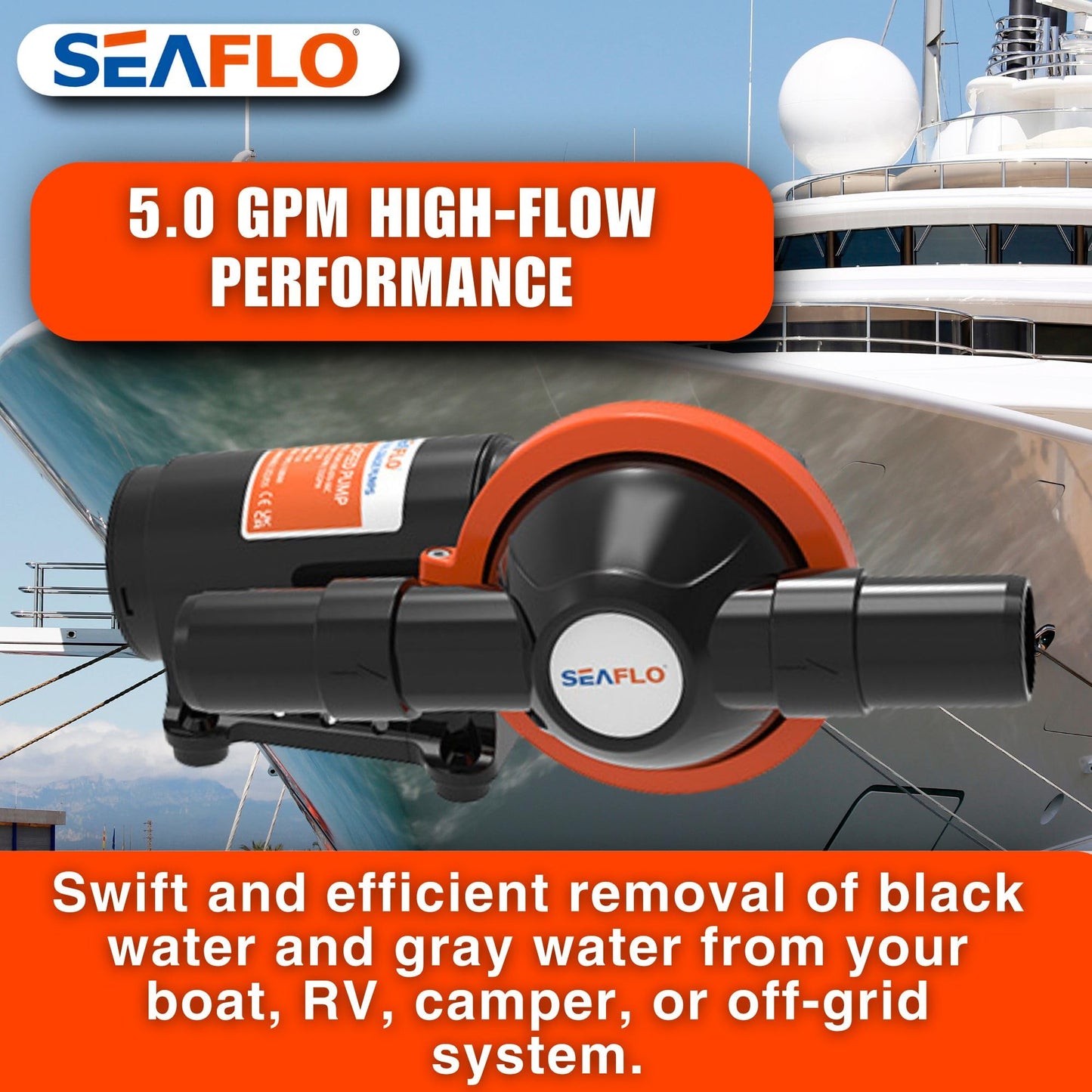 SEAFLO 12V Diaphragm 5.0 GPM Waste Pump – 360-Degree Rotating Head, 4-Year Warranty for Marine, RV, Camper, Boat