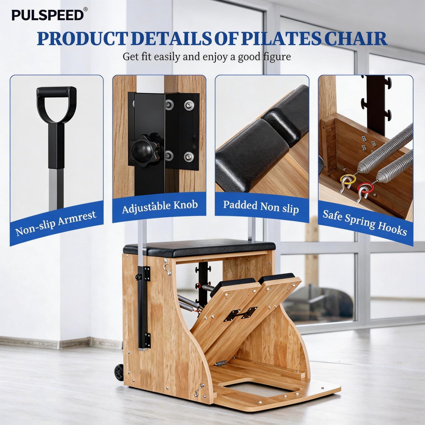 Pilates Chair Wunda Chair Pilates Combo Chair with Handles Split Pedals Reformer Machine for Yoga Core Training Rehabilitation Includes Non-Slip Socks (Wood Panel Bracket)