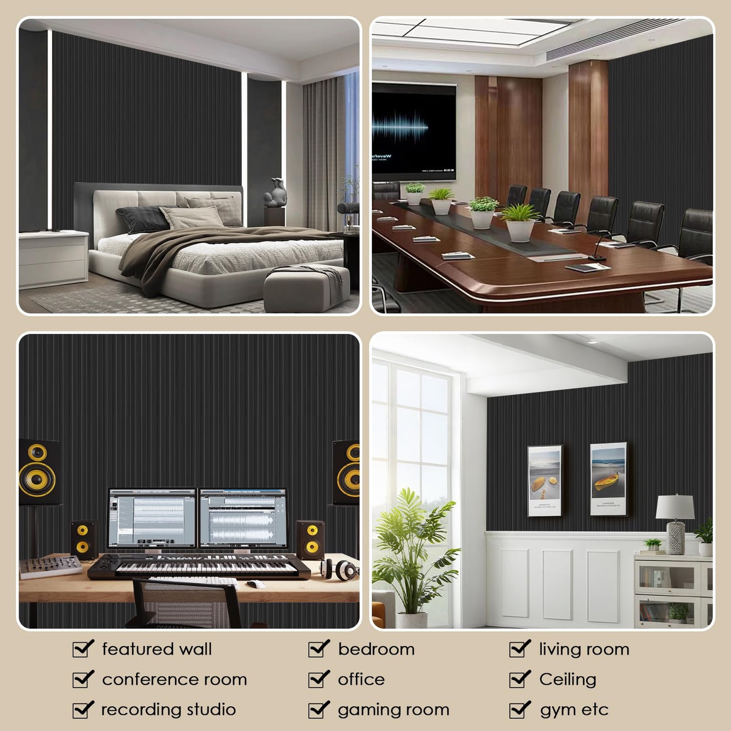 Artbrix 8-Pack 3D Slat Wall Panels — Soundproof Faux Wood Wall Panels for Interior Décor, 47.2" x 6.3", Modern Cladding for Living Room, Bedroom, Office — Black Finish
