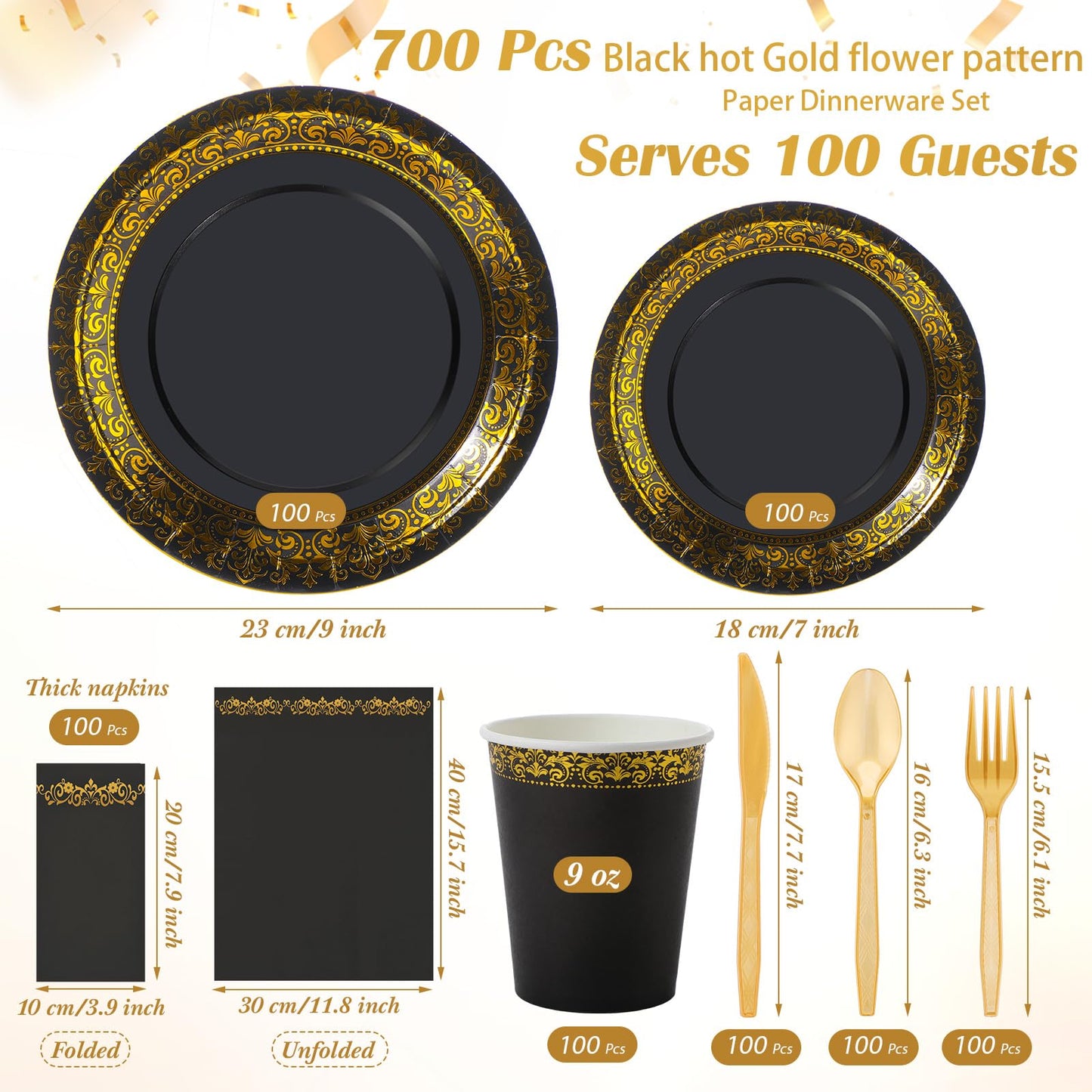 Didaey 700 Pcs Disposable Dinnerware Set for 100 Guests Include 200 Paper Plates, 300 Plastic Silverware, 100 Paper Cups, 100 Napkins for Wedding Birthday Party Supplies(Black Gold Pattern)