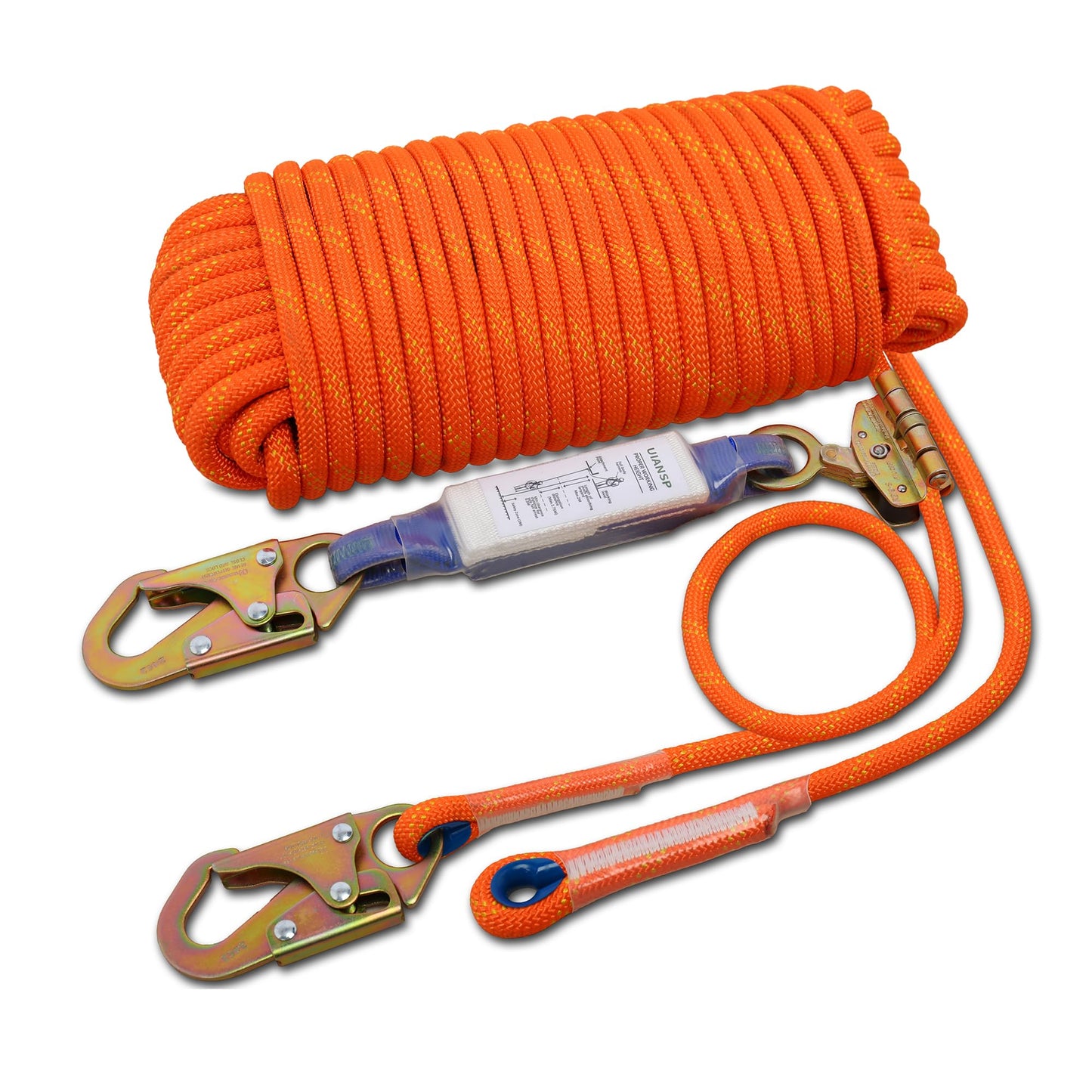Fall Protection Safety Rope 50ft Heavy Duty Vertical Roofing Grab Snap Hook Shock Absorber Fall Protection Line Kit Restraint System Roofing Safety Equipment (50FT)
