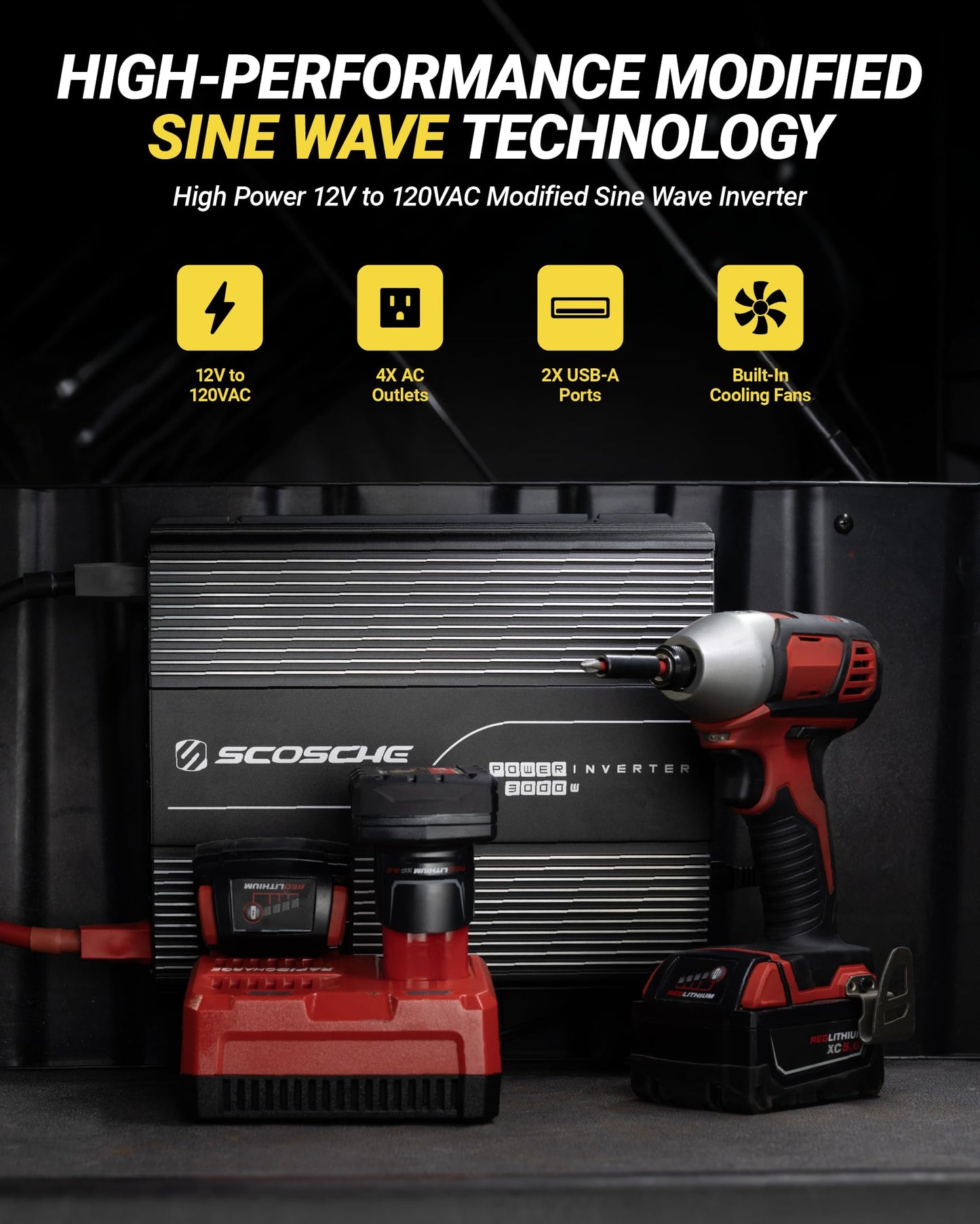 Scosche 3000W Modified Sine Wave Power Inverter, 12V DC to 120V AC Converter, 6000W Peak, 4 AC Outlets, Dual USB-A Ports, LED Indicator Light for Truck, RV, Semi-Truck, Home, Off-Grid Battery Systems