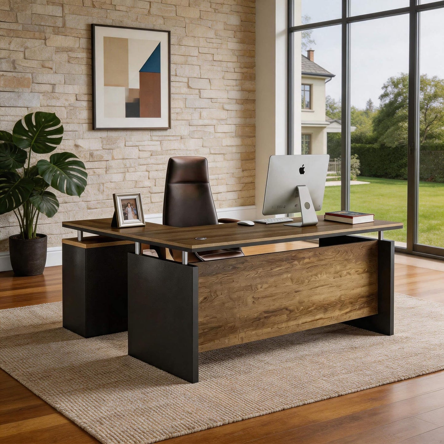 63 Inch L-Shaped Executive Desk Set of 4, Industrial Modern Wood Office Desk with 3 Drawers, Built-in Cable Management & Power Outlet, Real Wood Finish, Reversible Left/Right Return Home Workstation