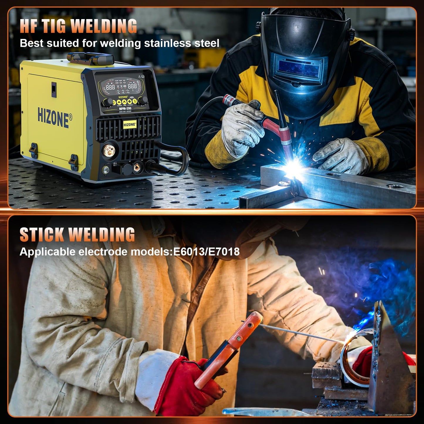 HIZONE Multifunctional Welders Plasma Cutter Combo 200A，8 in 1 Multiprocess Welder Gas MIG/PULSE MIG/MAG/Flux Gasless MIG/HF TIG/Stick/CUT/SPOT MIG 110/220V Dual Voltage Aluminum Welding Machine