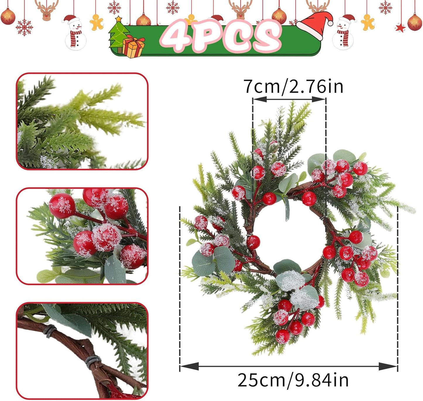 Skiennix Christmas Candle Rings - Mini Wreaths with Red Berries | 4-Pack 2.76-Inch Snowy Pine Decor