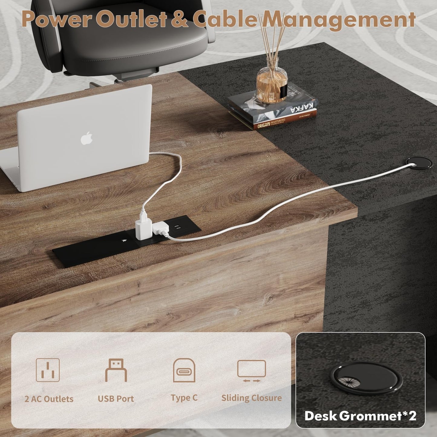SAINTCY Executive Office Desk with Mobile File Cabinet, L Shaped Desk with Power Outlet & Drawers, Modern Wood Office Desk for Home Office, Studio & Business Workspace (Mahogany, 78.75" W)