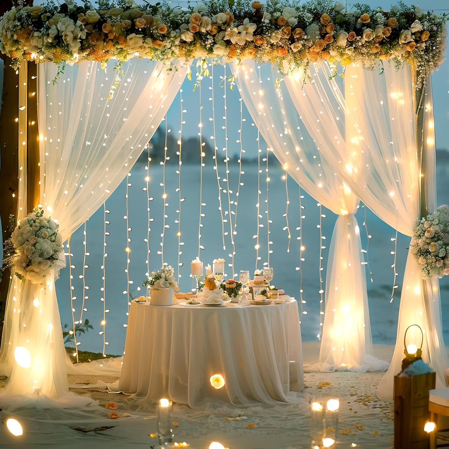 Suppromo 10ft 10ft x Ivory Tulle Photo Backdrop Curtain with Lights String for Parties Wedding Sheer Ivory Curtain