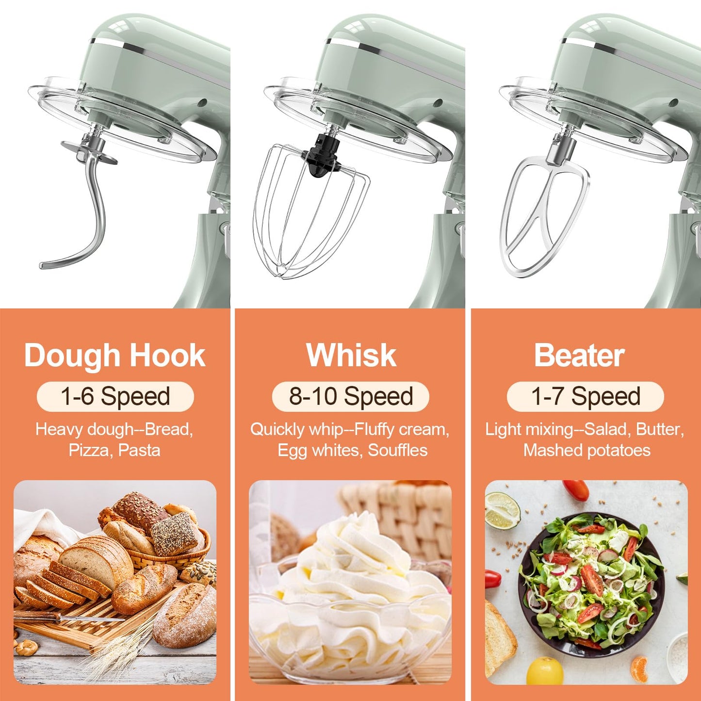 CEBORY 3-IN-1 Electric Stand Mixer, 6.5QT Bowl 660W 10-Speed Kitchen Mixer, Household Food Mixers include Dough Hook, Beater and Whisk, Bread Cake Mixer for Baking and Most Home Cooks, Green
