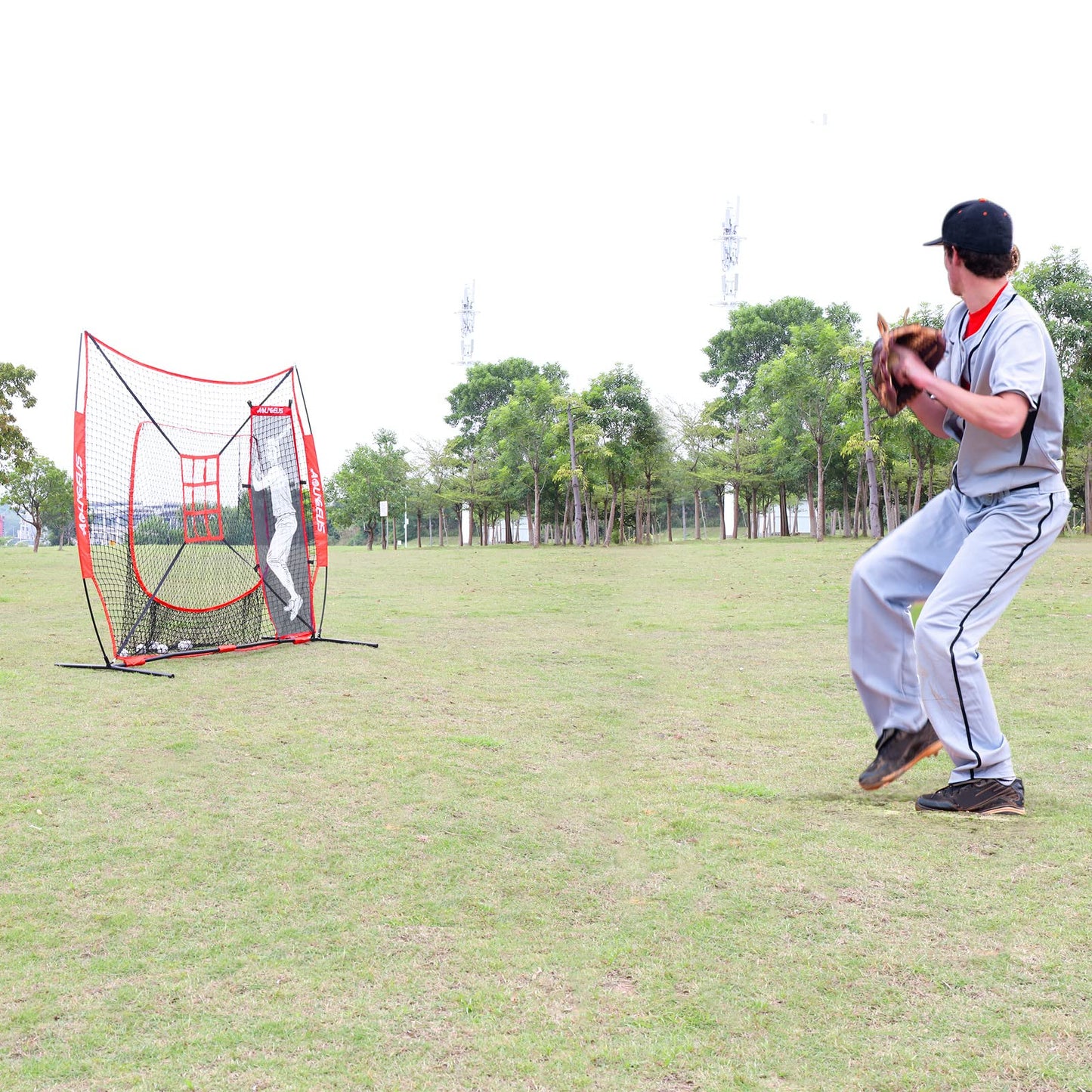 AOLIGEIJS 7'X7' Baseball Softball Practice Net,Pitching Net, Batting Net,with Tee,Bonus Strike Zone and Bow Frame,for Hitting,Pitching, Catching,with Carry Bag (Basebll Net+Batter Dummy) Red
