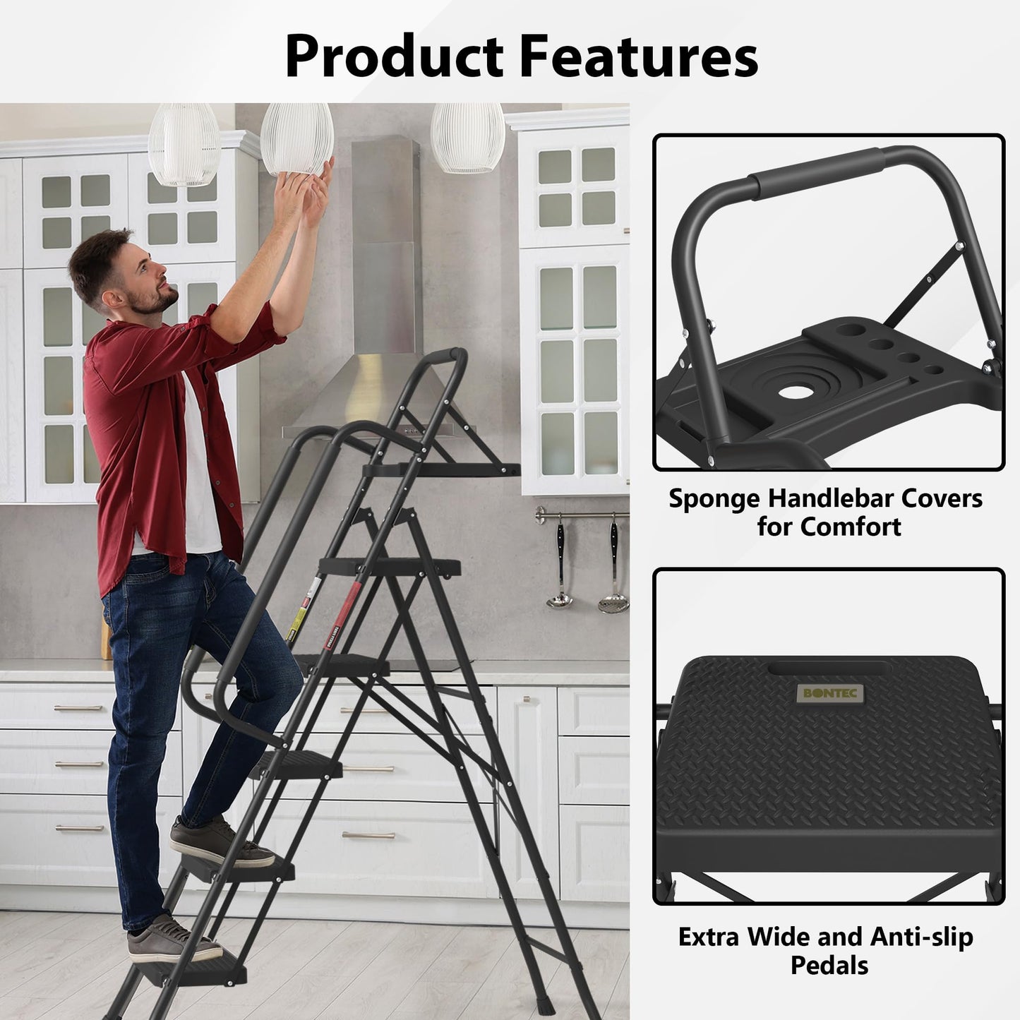 BONTEC 5-Step Ladder, 400lbs Max Load, Folding Step Stool with Tool Tray, Tool Bag, Handrails, Wide Anti-Slip Pedals, Sturdy Steel Ladder for Household & Work Use, Black
