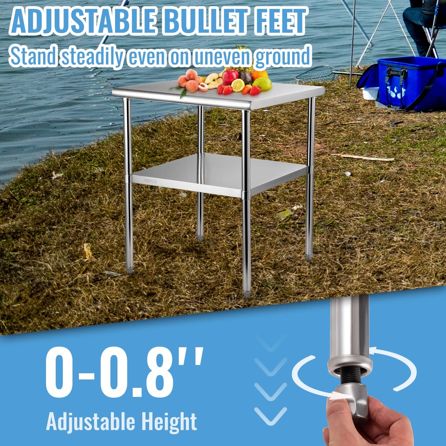 VEVOR Stainless Steel Prep Table, 30 x 30 x 36 Inch, 800lbs Load Capacity Heavy Duty Metal Worktable with Adjustable Undershelf & Feet, Commercial Workstation for Kitchen Garage Restaurant Backyard