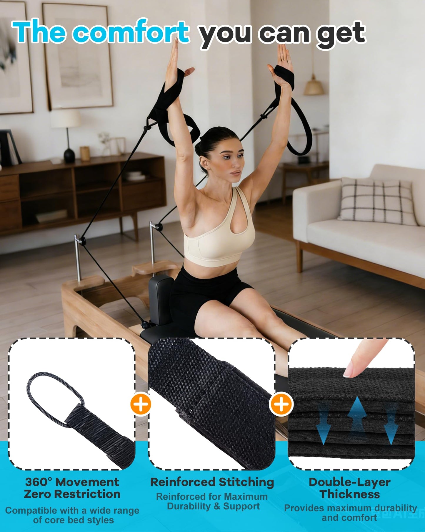 Wonderful Day 2PCS Pilates Straps for Reformer, Comfortable Enhanced Thickness, Fitness Pilates Double Loop Exercise Straps for Home Gym Workout (Black-with Strap)