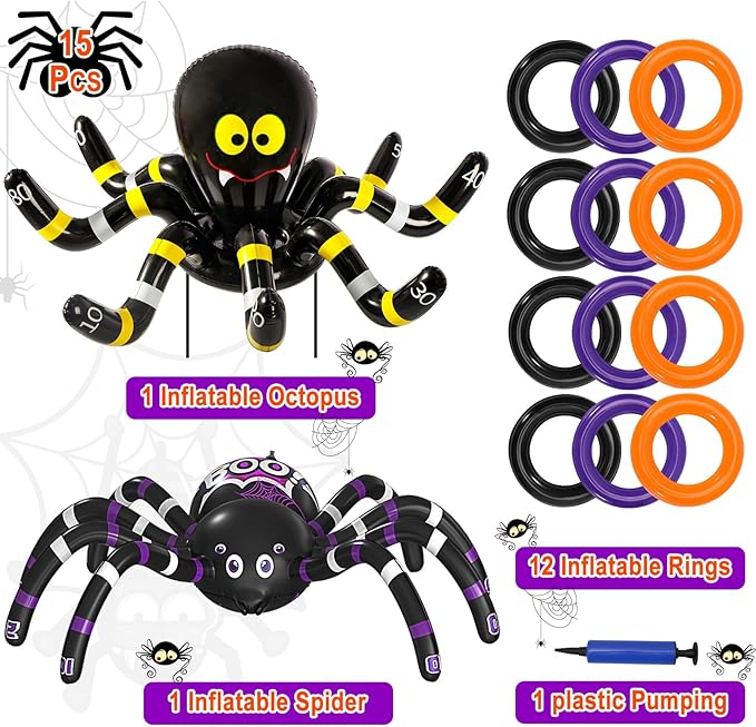 Max Fun Halloween Ring Toss Games for Kids, 2 Pack Inflatable Spiders Set Halloween Party Favor Supplies Holiday Carnival School Decoration Outdoor Indoor Spooky Creepy Game