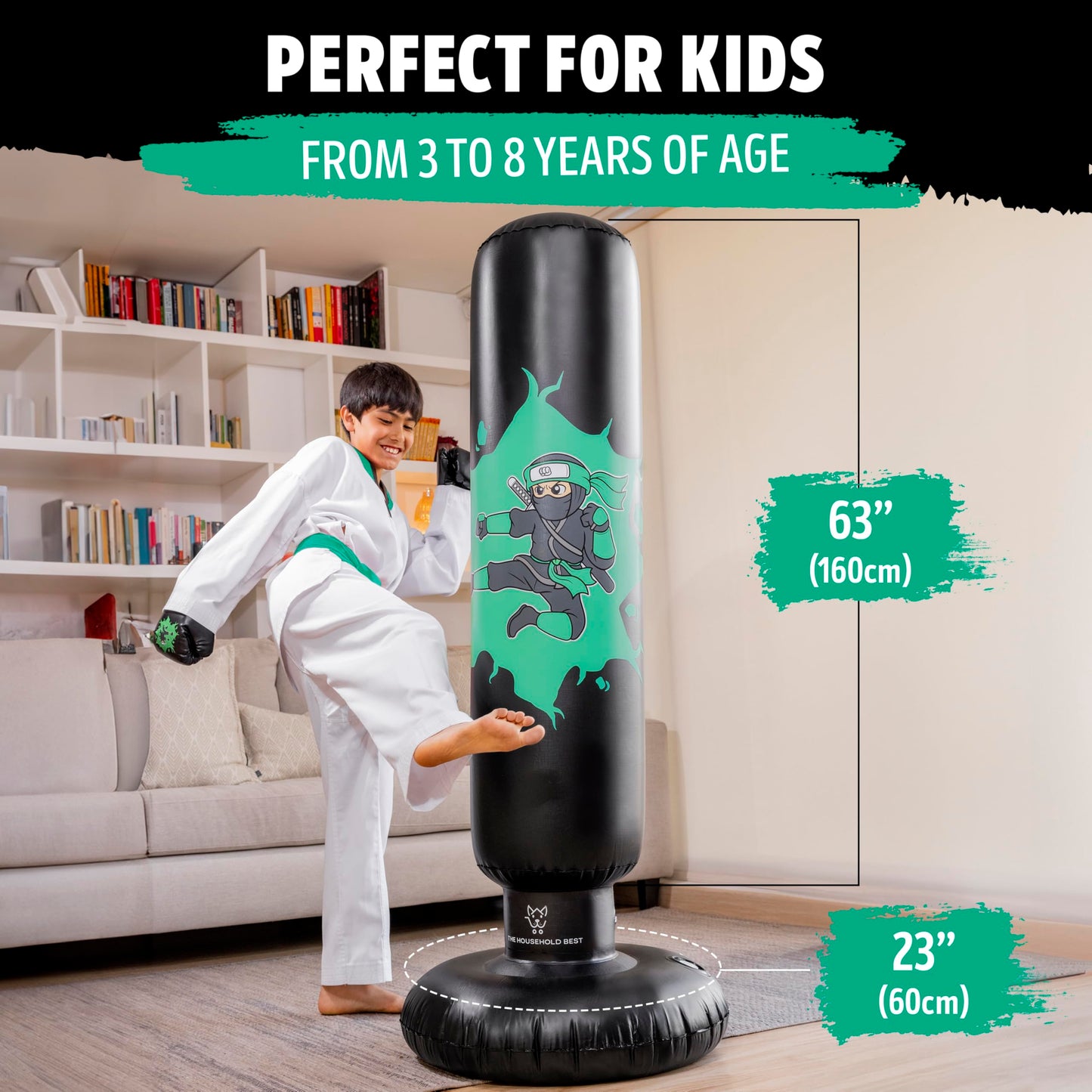 THB Inflatable Punching Bag for Kids, 63" Freestanding Ninja Boxing Bag Including Electric Air Pump with Gloves for Practicing Karate, Taekwondo, Stress Relief & Birthday for Ages 3-12