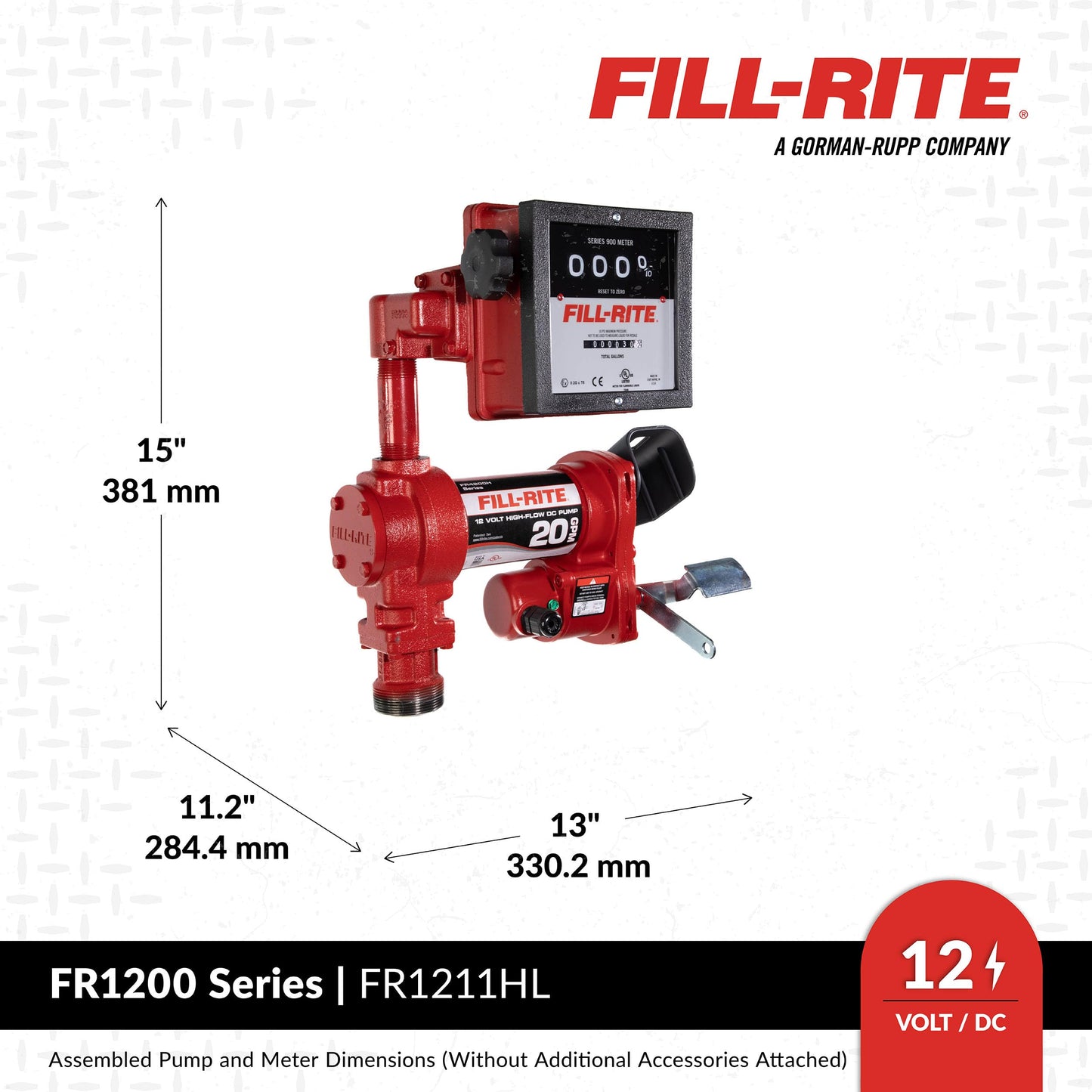 Fill-Rite FR1211HL 12V 15 GPM Fuel Transfer Pump with Standard Mechanical Meter Package, Liters | Gasoline, Diesel, Kerosene, Ethanol & Methanol Blends & Biodiesel