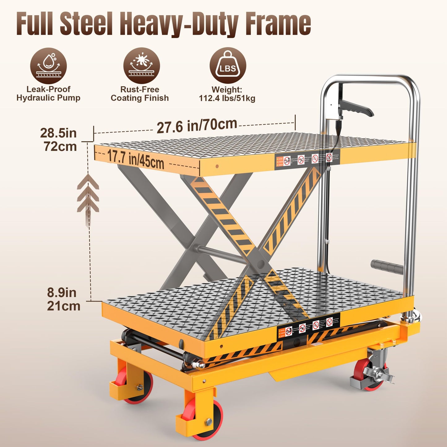 Tera Hydraulic Lift Table Cart: 330lbs Capacity, 8.9"-28.5" Lift Range Manual Single Scissor Lift with Anti-Collision Wheels Non-Slip Pad & Fixing Tape for Warehouse Material Handling LT1501